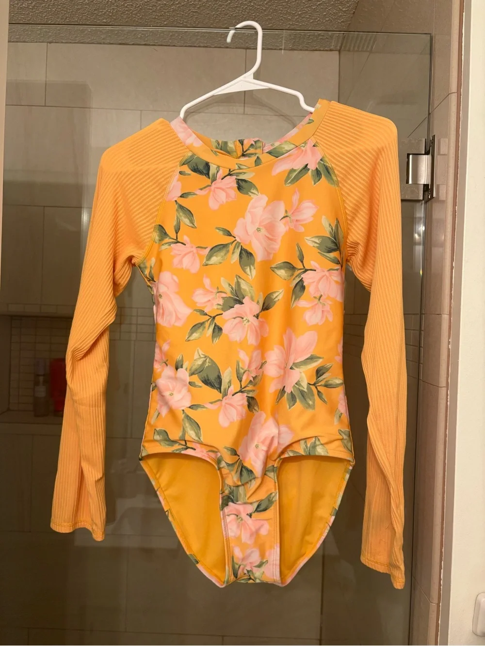 art class Long-Sleeve One-Piece Swimsuit in Yellow with Pink Floral